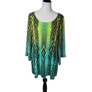 Style & Co. Large Vibrant Green and Yellow Tunic Top With Sheer Sleeves
